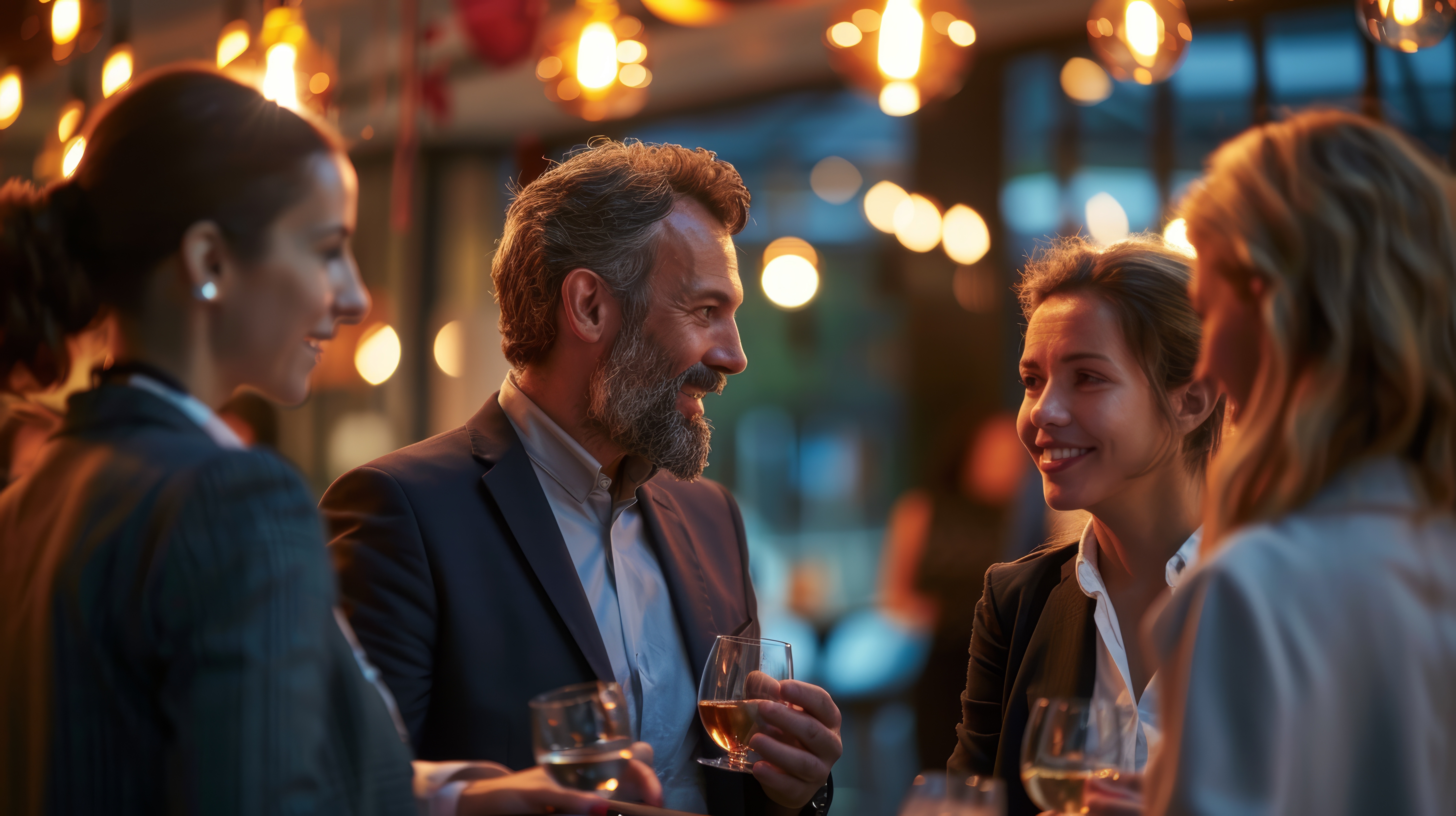 Business professionals enjoying conversation at an evening event. Corporate social gathering concept